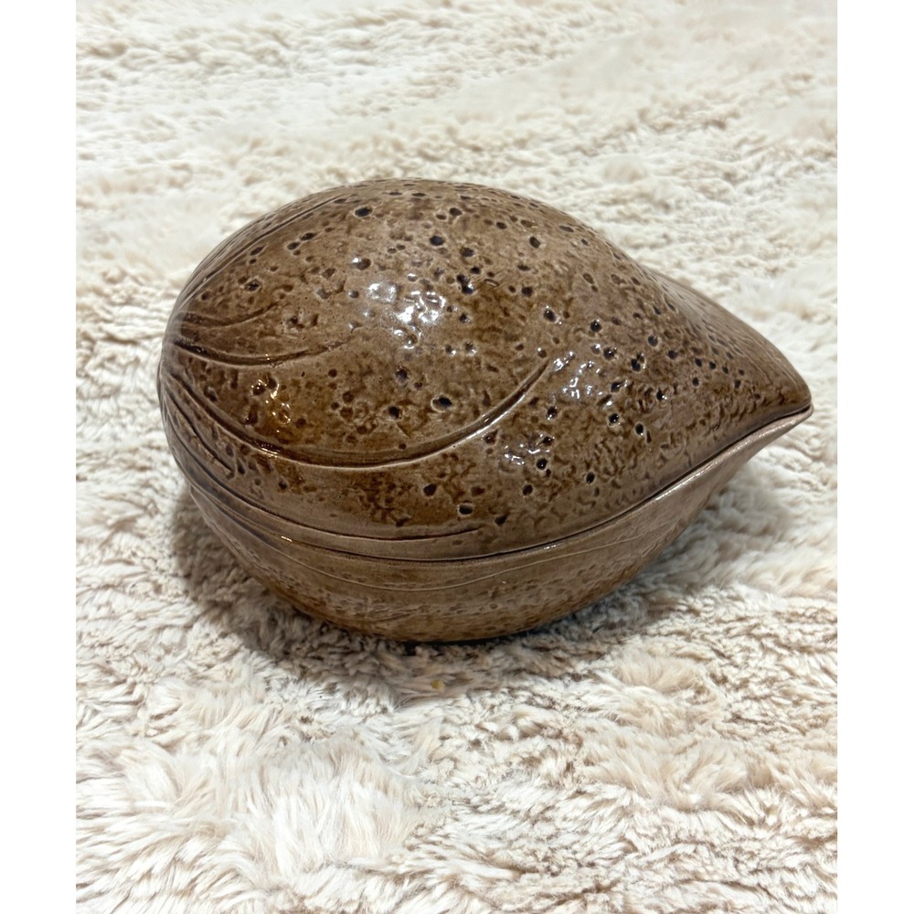 Signed Kay Kinney California Art Pottery Lidded Covered Dish Brown Almond Pod